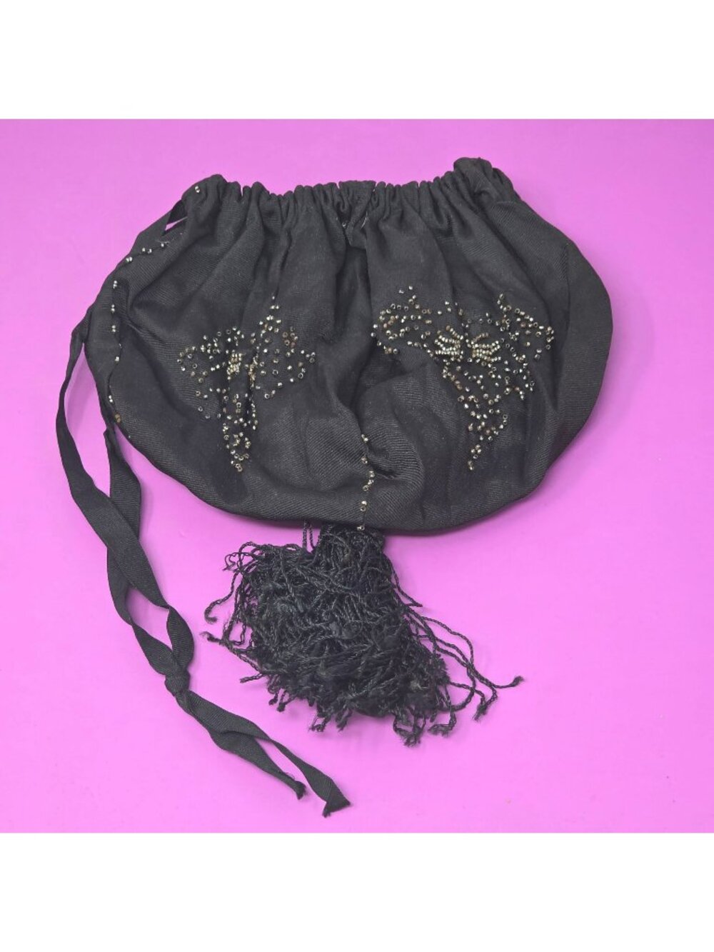 Antique Black Drawstring Beaded Purse Tassel & Rhinestone Detailing Vintage Bag